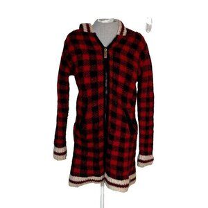 Ark Imports Sweater Coat Women's Small Buffalo Plaid Red Pockets Wool Hoodie Zip